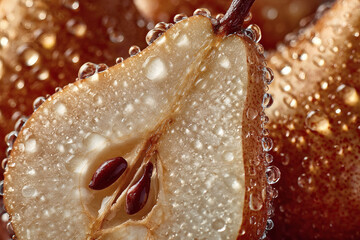 Macro Shot of Juicy Pear Slices with Water Droplets – Fresh Fruit Texture