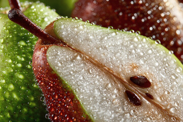 Macro Shot of Juicy Pear Slices with Water Droplets – Fresh Fruit Texture