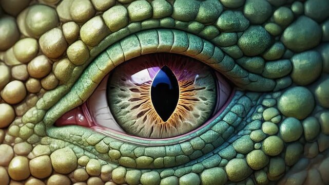 Macro detail of a mythical dragon or dinosaur eye with a vibrant vertical pupil. Green reptilian skin with a detailed scaly texture. Fantasy monster or wildlife concept banner