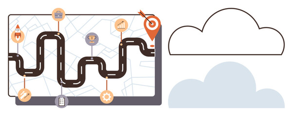 Curved path highlighting milestones with goal icon, graph, gear, rocket, trophy, briefcase, clipboard. Ideal for strategy, planning success journey milestones business goals simple flat metaphor