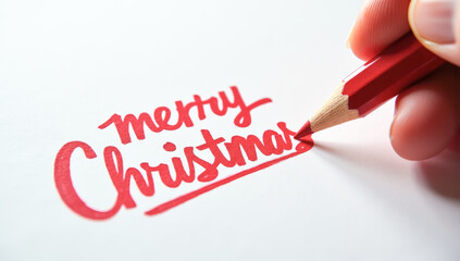 A red pencil writes merry Christmas on paper