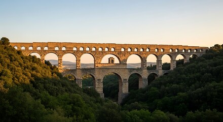 Obraz premium Ancient Roman Aqueduct Pont du Gard in Southern France at Sunset.