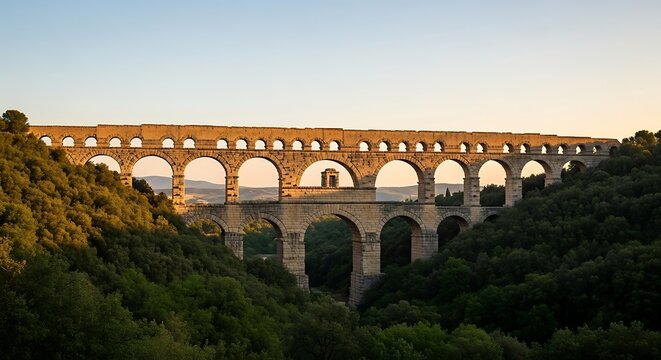 Ancient Roman Aqueduct Pont du Gard in Southern France at Sunset.