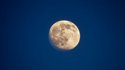 Fototapeta premium A full moon shines brightly against a deep blue sky creating a stark contrast in color
