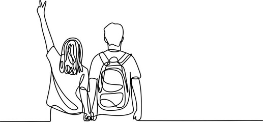 Continuous line drawing of a young couple holding hands, seen from behind, one arm raised in peace sign, other with backpack. Vector, illustration