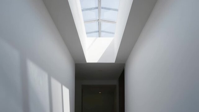 Minimal hallway interior illuminated by soft natural daylight entering through a long skylight opening that casts clean geometric shadows on white walls