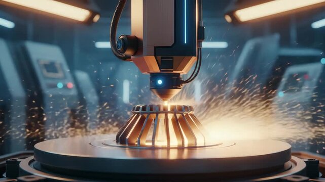 Robotic laser fusing powdered metal into turbine part under warm light, 3d printer, printing process innovation