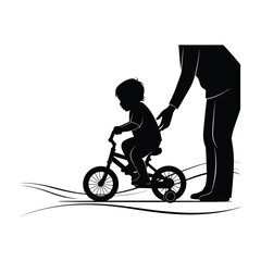 Teaching Kid to Ride Bike Silhouette Vector: Parent Helping Child, Learning, Skill Development, Childhood Activity