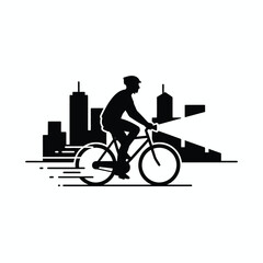 City Biker Silhouette Vector Commuting Cyclist Bicycle Ride Urban Scene Travel Transportation Bike Lane Eco Friendly Delivery Service Express Transportation
