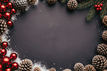 Christmas frame with pine cones and red ornaments on dark background