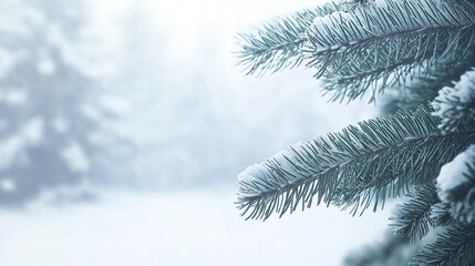 Frosty pine tree branches on blurred winter background with snow and ice in forest, winter nature concept with copy space for festive designs