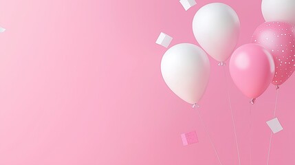 Pink and white balloons on pink background with copy space for text in minimal style for birthday party decoration design element