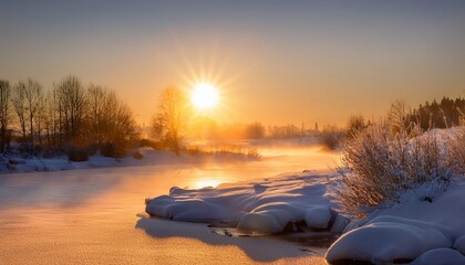 Golden Sunrise Over A Snowy Landscape A Winter Scene Of Sparkling Snow Drifts Reflecting The Warm Light Of The Rising Sun Over A Frozen River