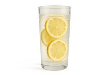 Glass of refreshing sparkling lemon drink with citrus slices for hydrating on a hot summer day