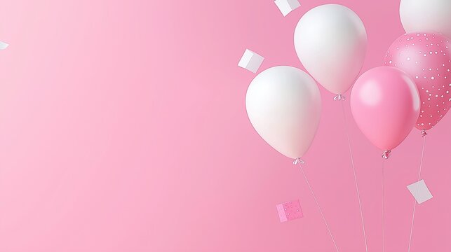 Pink and white balloons on pink background with copy space for text in minimal style for birthday party decoration design element