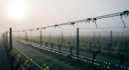 Foggy Vineyard Morning with Dew Drops on Wires.