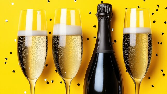 Minimalist champagne bottle and three glasses filled with sparkling wine on yellow background with black confetti for celebration concept