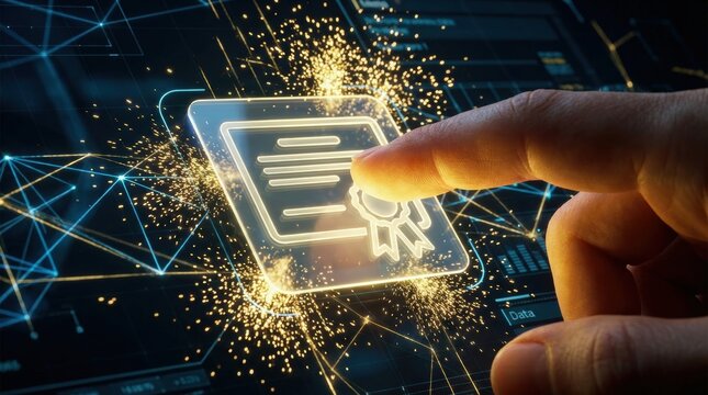 Online education technology concept. Digital interface showcasing certificate verification technology with hand interaction.