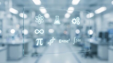 Online education technology concept. Transparent display with scientific symbols in a modern lab environment.