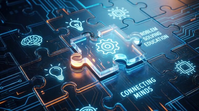 Online education technology concept. Digital puzzle pieces symbolizing education and problem-solving concepts illuminated on a circuit board background.