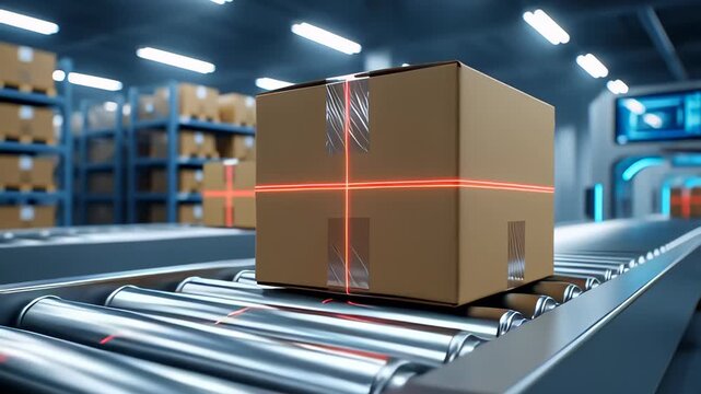 Cardboard boxes moving along an industrial roller conveyor belt scanning with red laser beams in a modern warehouse 3D animation, illustrating automated logistics and supply chain efficiency