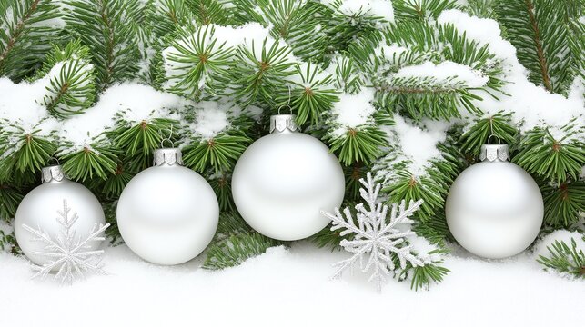 White Christmas ornaments and snowflakes on green pine branches against white background for holiday decoration and winter theme