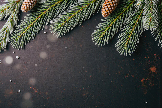 Christmas tree branches with pine cones and snowflakes on dark background - Powered by Adobe