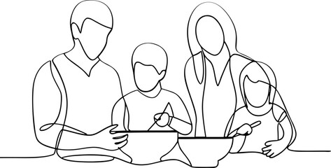 Family cooking together one line art illustration