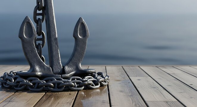 Heavy ship anchor with chain resting on a wooden pier overlooking the ocean.