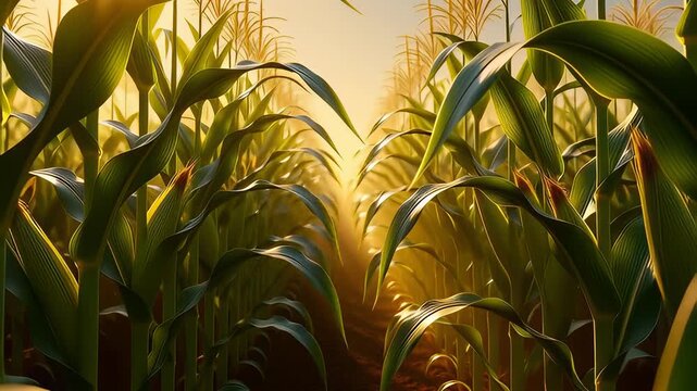 Cinematic dolly shot moving through rows of green corn plants at sunrise with golden sunbeams piercing through leaves, ideal for agriculture and farming harvest backgrounds.