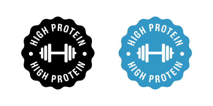 High protein food label badge with dumbbell icon vector set.