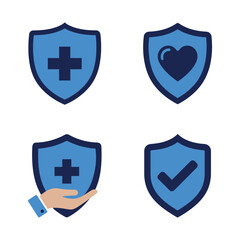 Obraz premium Four blue shield icons with medical symbols and hand health