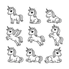 Playful and whimsical unicorn illustrations in various poses on a simple white background