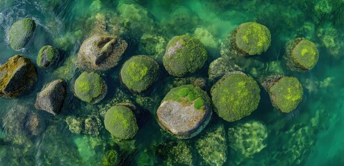 Underwater Mossy Rocks: Captured from above, a vibrant cluster of moss-covered rocks rests in the crystal-clear water, creating a stunning visual display of natural textures and aquatic life.