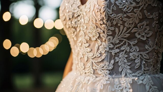 Intricate Lace Wedding Dress Detail with Bokeh Lights Outdoors