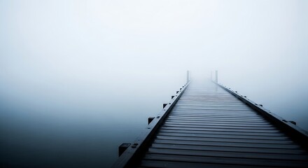 Fototapeta premium Misty Morning Pier Extending into Foggy Lake.