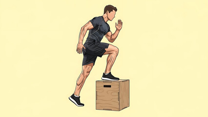 Step-Up Box Male Leg Exercise Illustration on Yellow Background