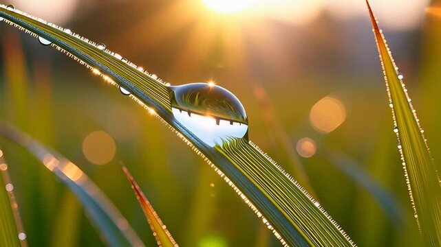 Sparkling morning dew drop resting on a green grass blade under golden sunrise light in a cinematic macro shot, illustrating purity and nature background concepts
