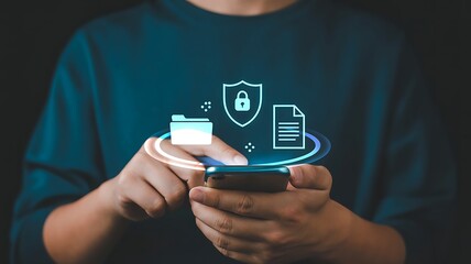Digital data security concept: person interacts with a smartphone showing virtual icons for secure files, data protection and online privacy.