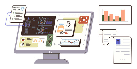 Computer screen showcasing medical reports, charts, DNA analysis, prescriptions, and health data. Ideal for healthcare, telemedicine, diagnostics, research data management innovation and patient