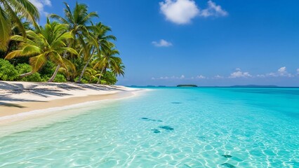 Fototapeta premium Tropical Beach Paradise with Palm Trees and Crystal Clear Turquoise Water