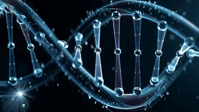 Futuristic blue DNA double helix spinning in a seamless 3D loop with glowing glass spheres, illustrating advanced biotechnology and genetics concepts.