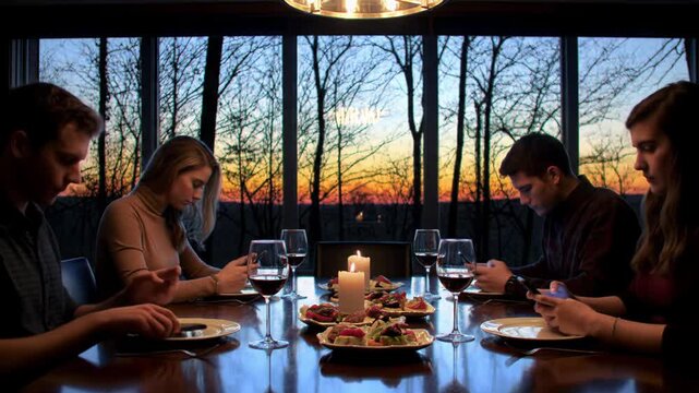 Five young caucasian adults, late twenties, engrossed in phones at a dark wood dining table, faces lit by cool screens. Bare-tree sunset forest background. Digital alienation concept