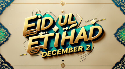 3d Eid ul Etihad December 2nd text with gold lettering and teal accents on beige 4k  video