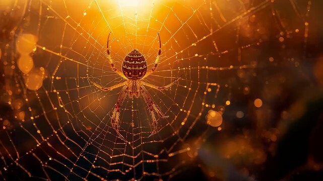 Golden morning light shining through a detailed spider web with a spider at the center, creating a stunning natural scene filled with warm glowing highlights