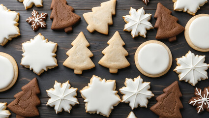 Fototapeta premium Christmas cookies for holiday. Sweet snowflakes stars and Christmas trees on wooden surface. Homemade biscuit. 