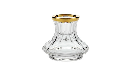 Clear glass vase with gold rim, teardrop body, fluted sides, sits on black