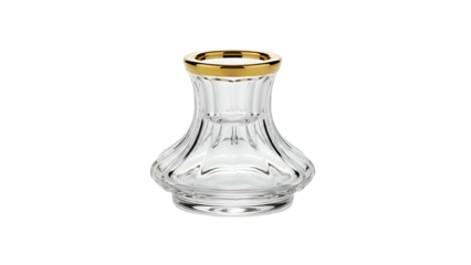 Clear glass vase with gold rim, teardrop body, fluted sides, sits on black