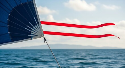 Fototapeta premium Sailboat with Blue Sail and Red Streamers on the Ocean.