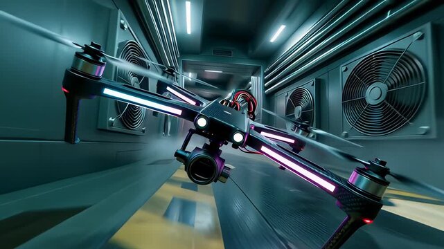 Futuristic quadcopter drone flying rapidly through a neon sci-fi tunnel with pink lights and fans in a cinematic 3D animation, illustrating advanced surveillance technology.